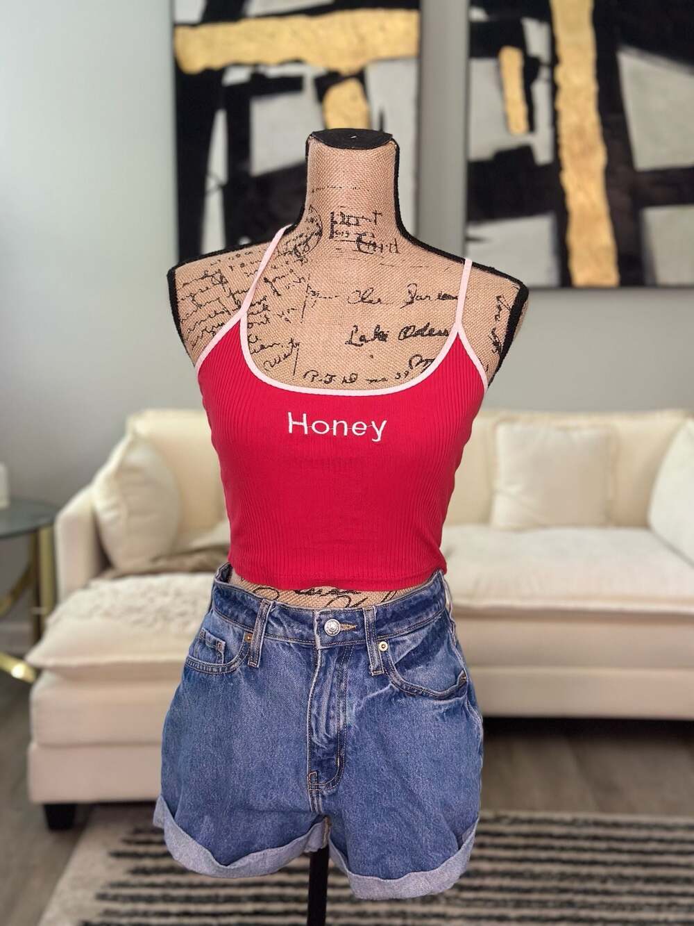 Ribbed Red Honey Embroidered Crop Tank Top with Contrast Trim